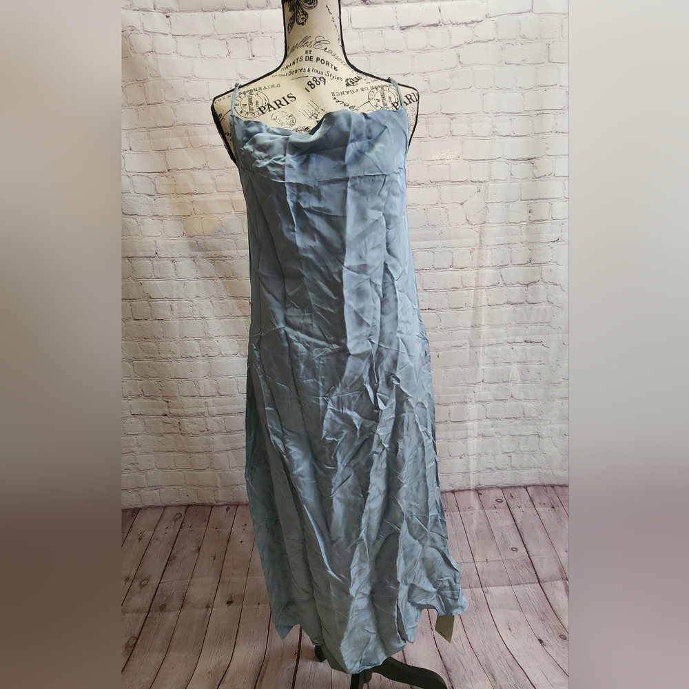 Halara Satin Midi Dress Womens XS Blue Cowl Neck Slip Evening Cocktail Flowy